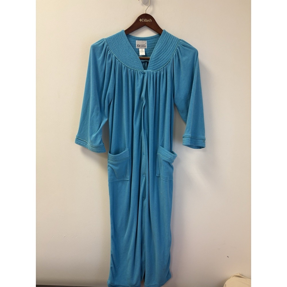 Y2K Cozee Corner Velour Housecoatt Zip Lounge Duster Robe Pockets Turquoise Sz L
